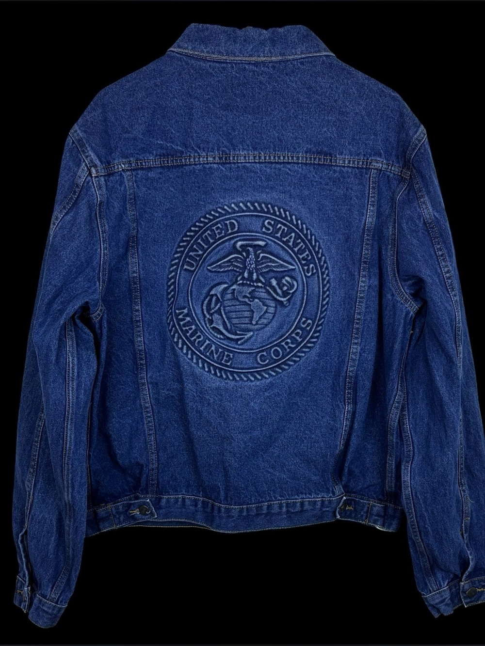 Vintage 90s Marine Corps Embroidered Dark Wash Blue Denim Jacket